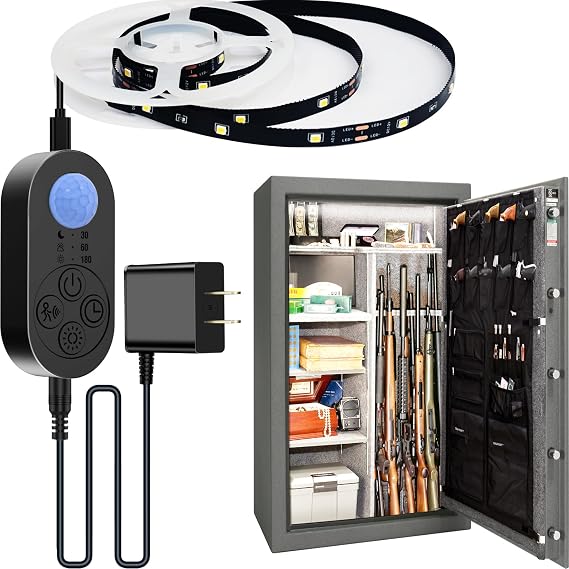 Motion Sensor Gun Safe Light with Self-Adhesive Tape with Hooks for Gun Safe with Carpet Interior (Cold White 6000K (3.28FT Light Strip), Power Adapter (3.28FT Cable))