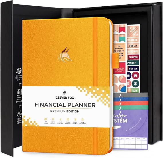 Clever Fox Financial Planner Premium Edition - Budget Planner Organizer + 5 Cash Envelopes, Expense Tracker Notebook & Undated Budget Book; A5 Hardcover (Amber Yellow, A5 (5.8'' x 8.3'')) | Undated A5 hardcover, gift box, financial stickers, 5 budgeting envelopes for money, monthly & weekly bill, expense tracker
