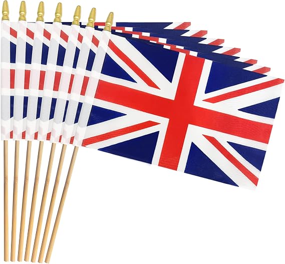 Pack of 20 Handheld UK Flags 5x8 Inch (14 x 21 cm), Small British Union Jack Flag on Sticks with Gold Top, Mini UK Flags for Parades, British National Day, International Event, Patriotic Decorations