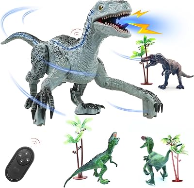 GAROERFA Remote Control Dinosaur Toys for Kids Boys 3 4 5 6 7,RC Walking Velociraptor，3D Eyes & Roaring Sounds, All in One:1 Big and 3 Small Dinosaurs