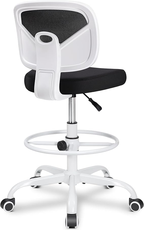 Primy Armless Mid-Back Ergonomic Standing Desk Chair - Mesh Rolling Tall Chair, Adjustable Height and Footring, Art Room, Office or Home (White)