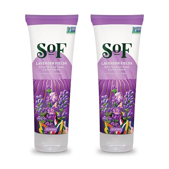South Of France SoF Moisturizing Hand & Body Cream - With Organic Shea + Cocoa Butter and Sweet Almond Oil,Non GMO & Vegan, Lavender Fields, 8 Fl Oz, 2 Pack