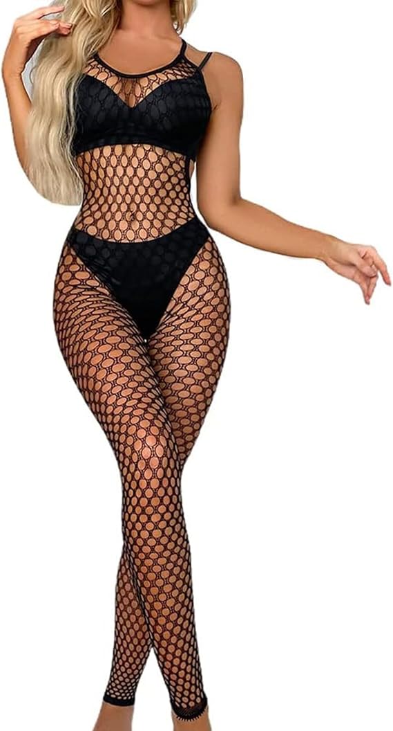 XIUSEMY Women Sexy Lingerie Full Body Bodysuits V Neck Mesh Fishnet Stockings Nightwear