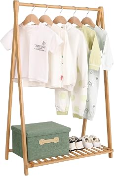 Jotsport Small Clothes Rack Kids Dress Up Storage for Playroom, Toddlers Bedroom, Bamboo Child Garment Rack with Storage Shelf, Kids Clothing Rack Costumes Organizer