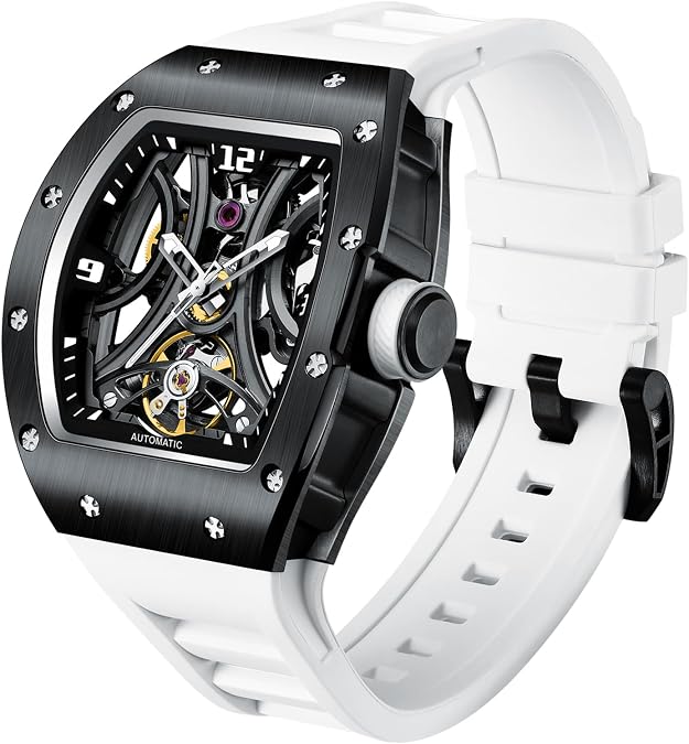 PC PARAS CROWN Automatic Analog Watches for Men Mechanical Mens Watches Stainless Steel Case 5ATM Waterproof Fashion Luxury Wrist Black Watches with Silicone Strap