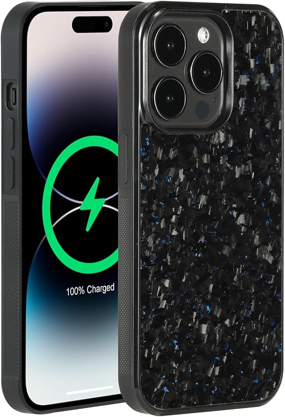Grip Series iPhone 14 Pro 用 ケース 本物の鍛造カーボンファイバー製 グリップエッジデザイン マグネット内蔵 MagSafe充電器とアクセサリーに対応 光沢ブラック/ブルー