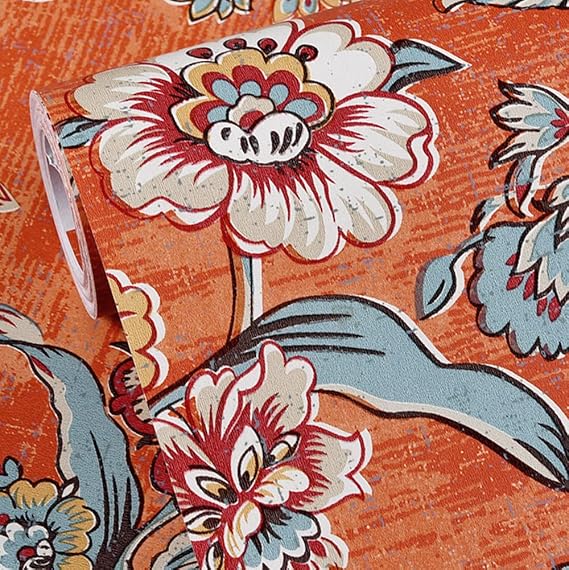 Moyishi Vintage Floral Flower Paper Peel & Stick Shelf Liner Dresser Drawer Sticker 17.7''x78.7'' (Orange)