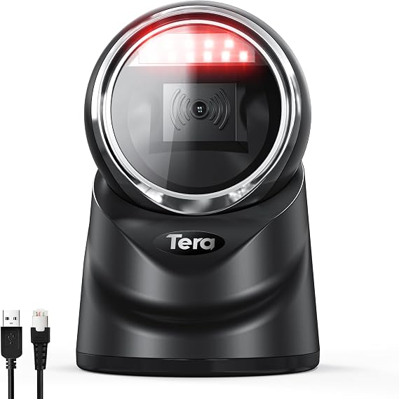 Tera Pro 2D QR Desktop Barcode Scanner Omnidirectional Adjustable Scan Head USB Wired Handsfree Platform Automatic Bar Code Reader for Market Retail Store Phone Screen Payment 9100