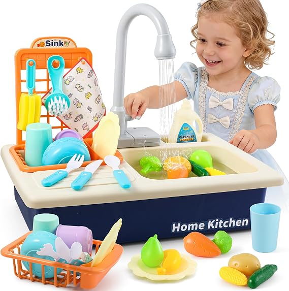 Mini Tudou Play Kitchen Toy Sink with Running Water for Kids Blue