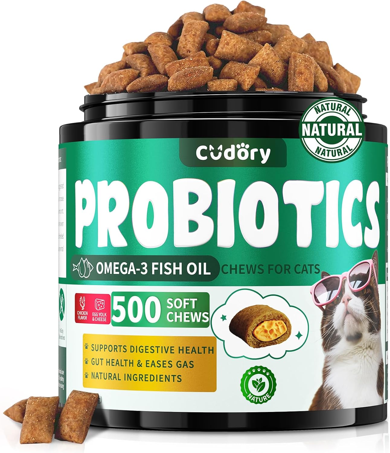 Cat Probiotics Tasty Chews for Digestive & Gut Support - Crunchy & Creamy Texture - Cat Gut Health, Constipation Relief, Healthy Stool, Natural Supplement for Cats, Chicken Flavor - 500 Chews