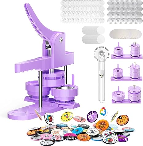 Badge Maker Button Machine 25+32+58 mm Pin Maker Machine 300 Plastic Badge Sets DIY Badge Press Machine with Molds & Round Paper Cutter (Purple)