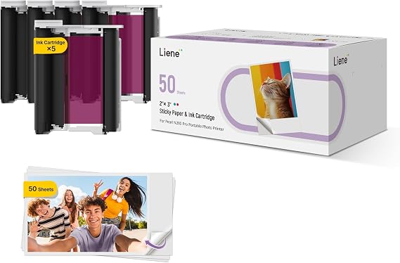 Liene Pearl N200 Pro Refill Kit: 50 Sheets Self-Adhesive Photo Paper & 5 Ribbons for DMP130 Portable Photo Printer. Waterproof, Instant Stick. Ideal for Scrapbooking.