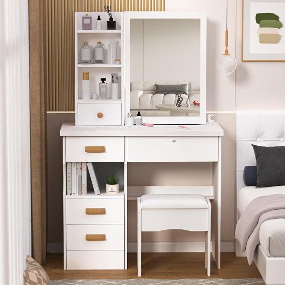 Vanity Desk with LED Lights Mirror, Small Makeup Table Set with 4 Storage Drawers & Opening Shelves, 3 Adjustable Lighting Modes, Dressing Table wiht Storage Stool for Girls Bedroom (white C, 31.5in)