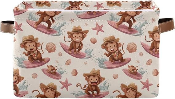 Cute Monkey Surfs Seashell Square Baskets Storage Bins Foldable Fabric Organizer Bin Open Home Shelf Baskets