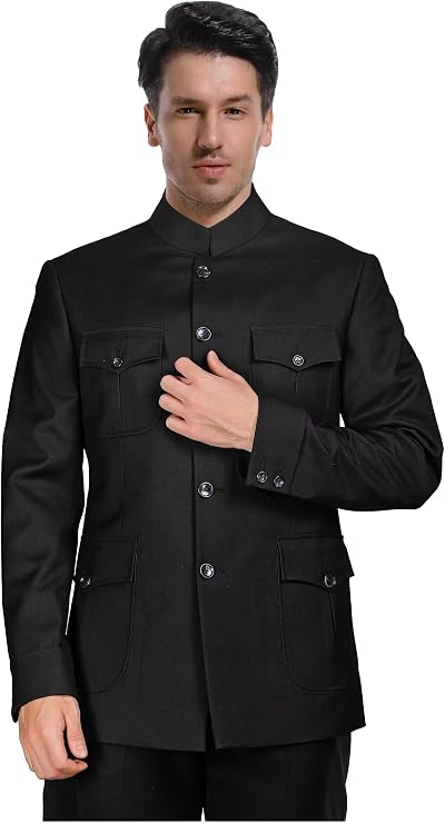 Formal Suits for Men 2 Piece Mens Suit Casual 4 Pockets Safari Jacket Suit for Wedding Grooms