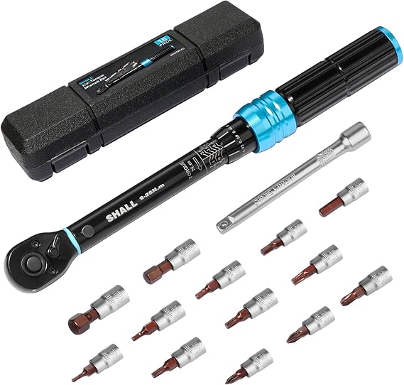 Shall 15-Piece 1/4" Torque Wrench Set, (2-25Nm) Dual Direction Adjustable 72 Tooth for Bike and Motorcycle Maintenance,with Extension Pole and Storage Box