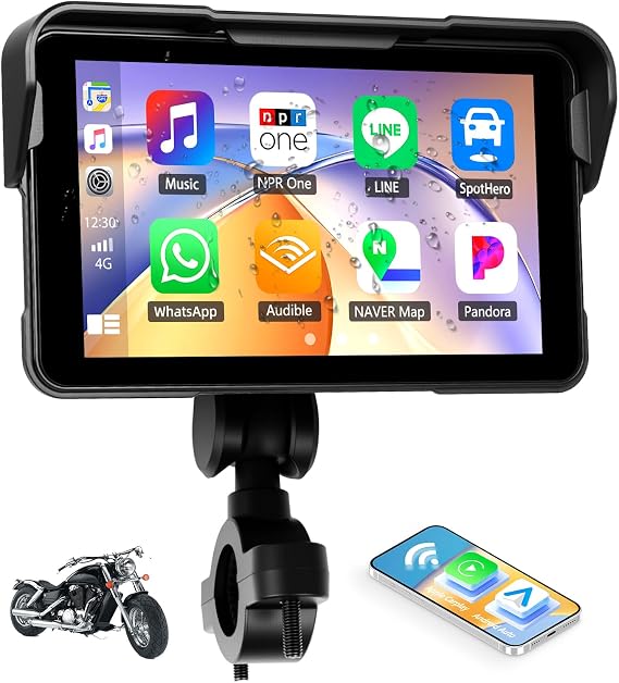 CarPlay Screen for Motorcycle,Portable Carplay/Android Auto for Motorcycle,5 IPS Waterproof Portable Radio GPS Display for Motorbike with Mirror Link,Bluetooth,Tire Pressure Monitoring,TF Port