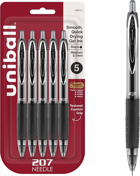 uniballTM 207 Needle Gel Pens, Medium Point (0.7mm), Black, 5 Pack