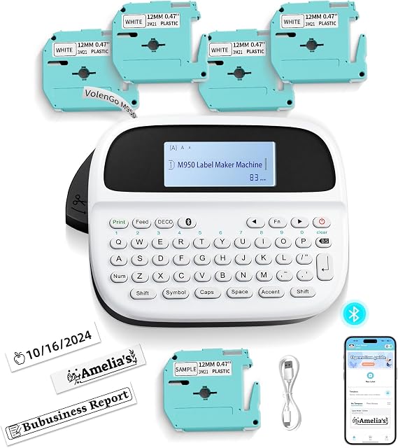 Label Maker Machine with 5 Tapes, Label Maker Waterproof-labels Bundle, Rechargeable Bluetooth Labeler with Backlit LCD, M950 Handheld Label Printer for Office Home Use, Kitchen Food Labels for Jars
