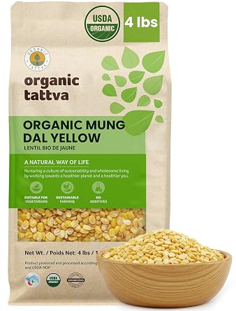 Organic Tattva Moong Dal (4 lbs) - Yellow Split Mung Beans Organic Lentils - Mung Bean Yellow Lentils Dry - High Protein Plant Based Nutrition - Gluten Free, Vegan, Kosher - USDA Certified Legumes