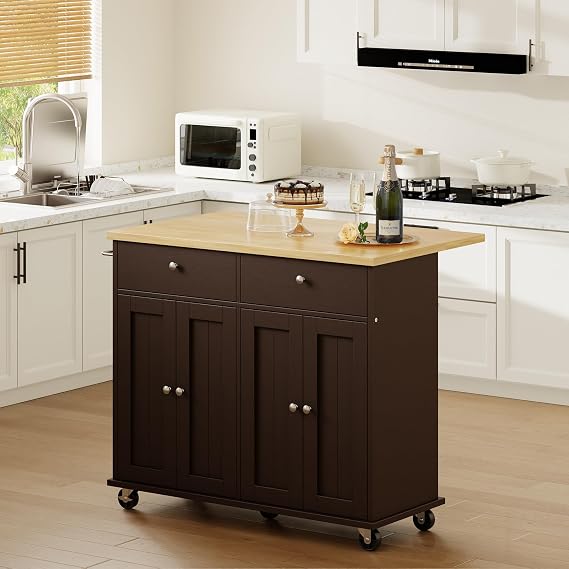 Shintenchi Kitchen Island with Drop Leaf, Rolling Kitchen Cart with Storage on Wheels, Table Bar Cart for Kitchen with Towel Rack & Seating Area for Dining Room, Brown
