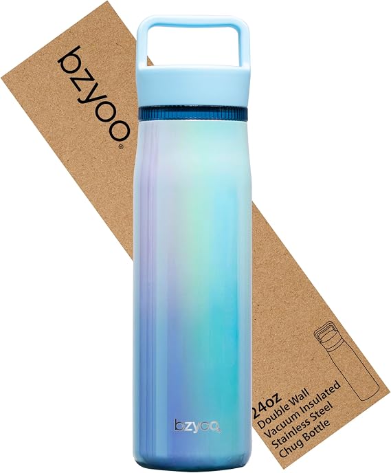 bzyoo 24oz Insulated Water Bottle with Clear Chug Lid - 100% Leakproof Stainless Steel Bottle, Aurora Iridescent Blue, BPA-Free Double Wall Vacuum Flask for Hot & Cold Drinks, Fits Car Cup Holders