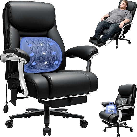 HOFFREE 600lbs Big and Tall Office Chair with Lumbar Support,Black Leather