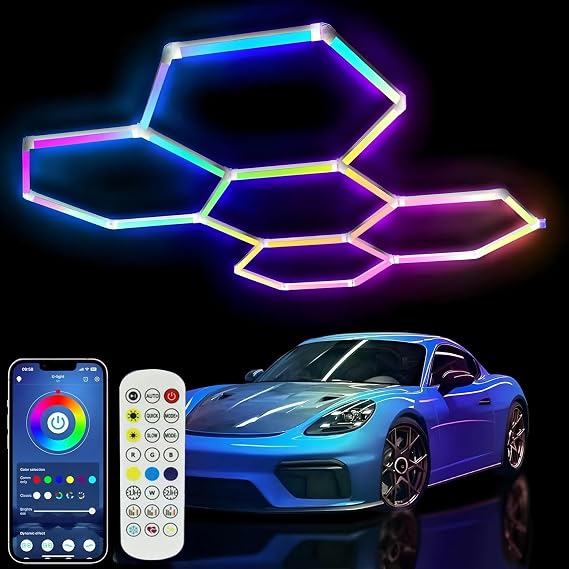 25Pack RGB Hexagon led Garage Lights,RGB 5Hexagon Light with Multi Color,Dimmable&Speed Adjustable Magic Hex Wall Lights,DIY Design for Remote Control & Smart App Control Music Modes
