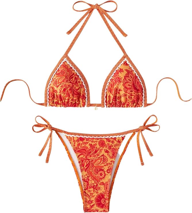WDIRARA Women's 2 Piece Boho Swimsuits Floral Print Halter String Triangle Bikini Set Beach Bathing Suit