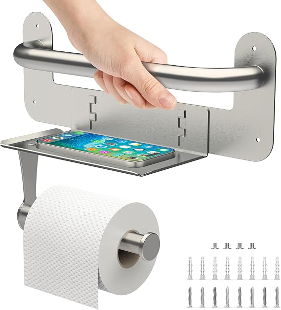 Vatex Tuvalet Kağıdı Tutacağı ile Küvet ve Duşlar için Tutunma Çubuğu, Tuvalet Kağıdı Tutacağı ve Yaşlılar için Raflı Yardım Kolu, Suya Dayanıklı Banyo Engelli Güvenlik Küpeşte Duvara Montaj için