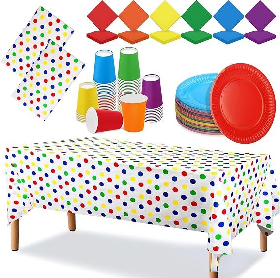 180 Pack Pieces Rainbow Party Tableware -Tablecloth, Colorful Paper Plates and Napkins 250ml Paper Cups Complete Pack Dinnerware Set for Neon Rainbow Birthday Party Decorations Supplies
