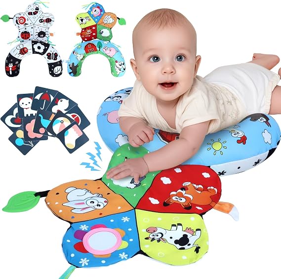 Tummy Time Pillow, High Contrast Tummy Time Mat with Black & White Flash Cards, Double-Sided Tummy Time Cushion with Mirror & Teether Sensory Toys, Baby Toys for Infant Newborn 0-6 Months Babies