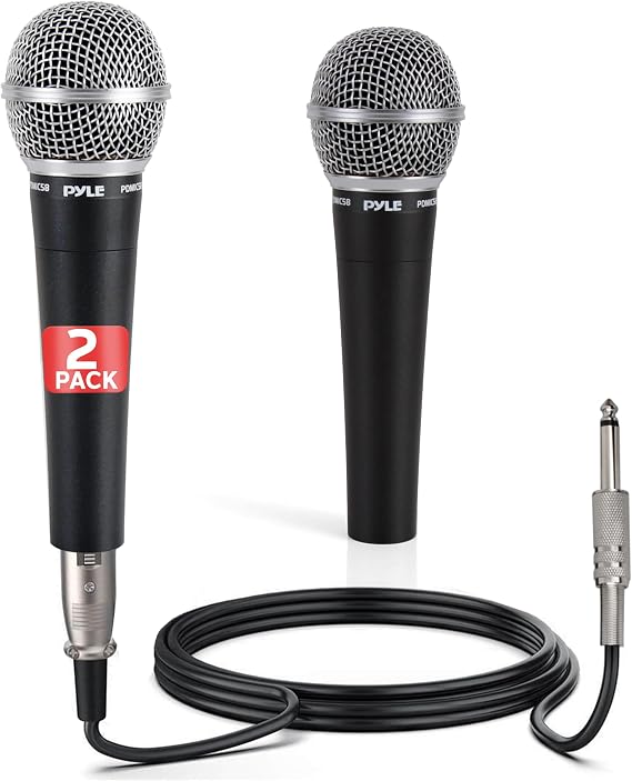 Pyle Professional Dynamic Microphone - 2-Pack Unidirectional Handheld Mic with Built-in Pop Filter, High Signal Output, 15 ft. XLR Audio Cable, Ideal for Stage, Karaoke & Studio Performances