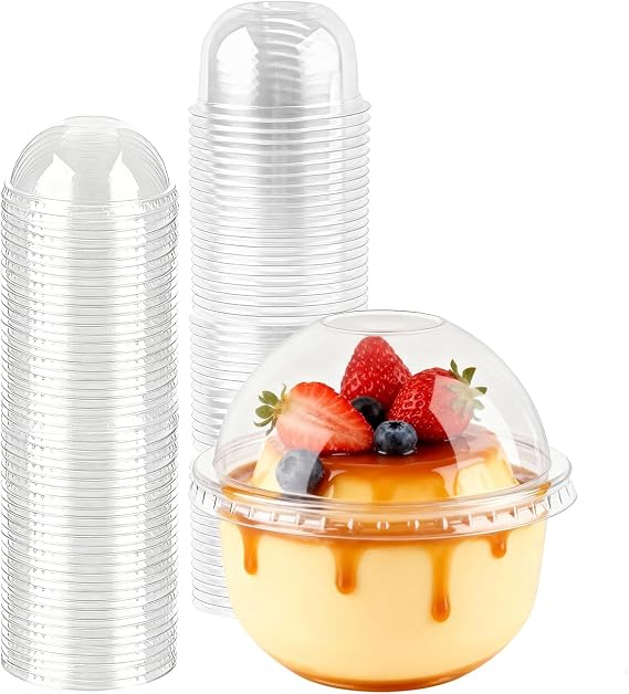 Yeelua 50pcs Reusable Plastic Dessert Cups, 8 oz Cheesecake Dessert Pots with Dome Lids, 250ml Clear Dessert Container for Cupcakes, Pudding, Yogurt Fruit, Mousse, and Ice Cream