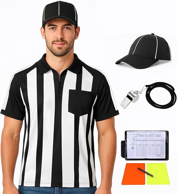 6 Pcs Men's Official Referee Costume Set Zipper Collar Shirt Hat Whistle Yellow Red Penalty Flag for Football Soccer