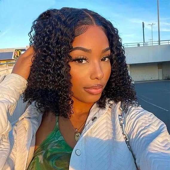 Superfect Bob Wig Human Hair 10 Inch 13x4 Deep Curly Lace Front Wigs for Black Women 180% Density Short Deep Wave Bob Wigs Transparent Pre Plucked Frontal Wigs Human Hair