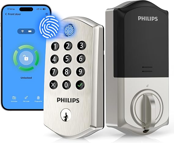 Philips Wi-Fi Smart Lock for Front Door, Fingerprint Keyless Entry Door Lock, Electronic Keypad Deadbolt, App Remote Control, Auto Lock, Compatible with Alexa and Google, Easy Installation