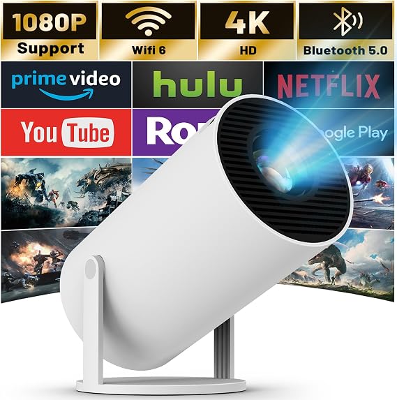 FEARWIKY Mini Projector with WIFI 6 and Bluetooth, 4K 1080P Support Portable Projector 180° Rotatable 130'' Screen Movie Projector Auto Keystone Compatible for Laptop, PC, Smartphone