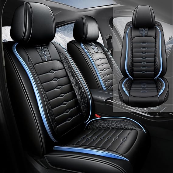 2 Seat Covers for Ford Fiesta 2011-2019 Nappa Leather Car Seat Covers Waterproof and Dustproof Car Seat Protectors Comfort Car Seat Covers with Airbag(Black+Blue Bars)