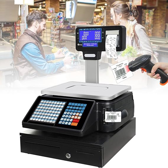 30Kg Label Printing Scales - Computer/Phone App Control, Commercial Digital Price Computing Scale - Scanner + Cash Box + Label Printer + LCD Screen