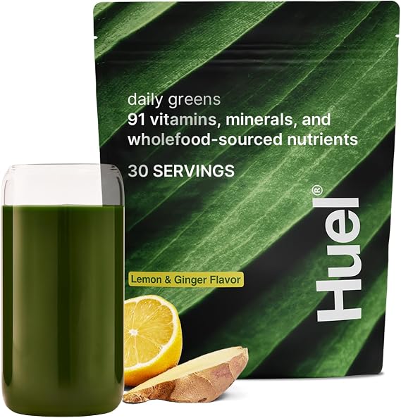 Huel Daily Greens | Superfood Greens Powder | Adaptogens & Probiotics | Lemon & Ginger | 30 Servings | 91 Vitamins, Minerals, and Wholefood-Sourced Ingredients | Adaptogens & Antioxidants