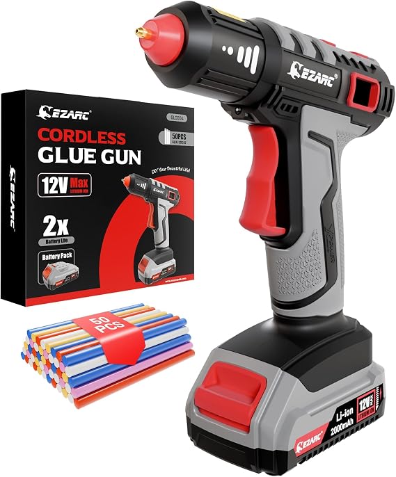 EZARC 12V Cordless Hot Glue Gun, 15s Fast Heating,50 Sticks,Black and Gray