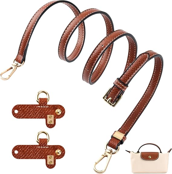 Strap Compatible for Longchamp Mini Bag, Bag Straps for Crossbody Handbags, Leather Shoulder Strap - Brown, Punch-Free Adjustable Buckle Straps Design for Long Champ Bags (Width: 12mm)