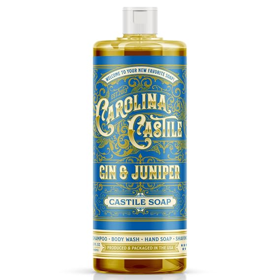 Carolina Castile Soap Gin & Juniper Scented Certified Organic Base, High Olive Oil Content, Non-Drying, Made with Organic Oils, Concentrated Body Wash for Men (Gin & Juniper, 32 Fl Oz)