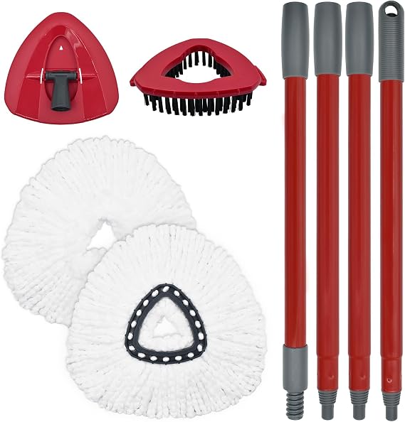 Mop Replace Head Mop Handle for O Cedar Mop, Mop Replacement for Ocedar Spin Mop Includes 2 Mop Heads Replacements 4-Section Mop Handle 1 Mop Base 1 Scrubber Mop Head for O-Cedar Spin Mop