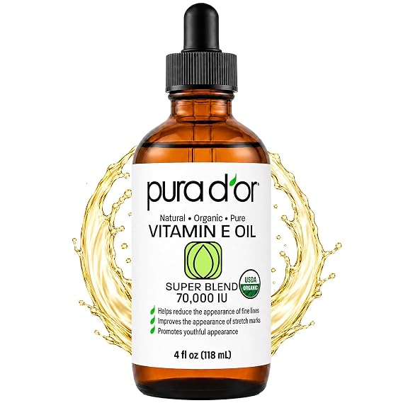 PURA D'OR ORGANIC Vitamin E Oil 70,000 IU Blend for Skin & Face, 4oz