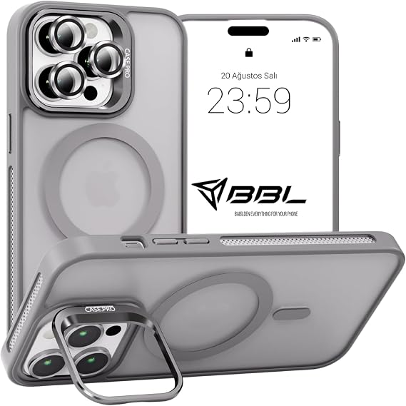 Babilden iPhone için Kılıf Kamera Korumalı Magsafe Wireless Şarj Özellikli Mat Şeffaf Renkli Standlı Kılıf (Lens Hediyeli) (Gri, iPhone 14 Pro Max)