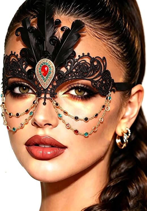 Tgirls Masquerade Mask for Women Sexy Black Lace Mask Costume Feather Crystal Party Masks