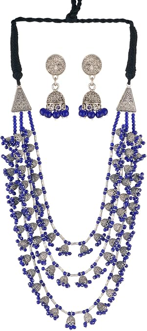 Jwellmart Beaded Statement Chunky Necklaces For Women Multi Strand Colorful Bead Oxidised Silver Layered Bib Indian Necklace Fashion Jewelry Costume Earring Set