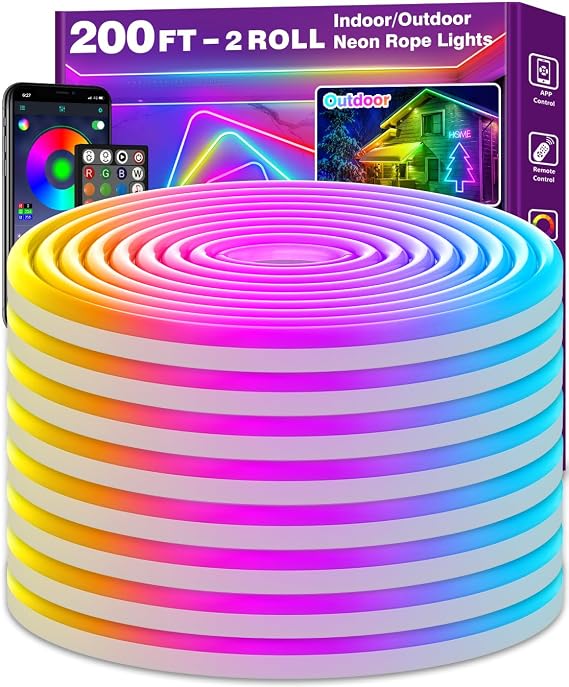AILBTON 200Ft Neon Rope Lights,Flexible Led Rope Lights Control with App/Remote,Multiple Modes RopeLights,IP65 Outdoor RGB Led Neon Lights NonWater Resistant,Music Sync Gaming Led NeonLight Strip